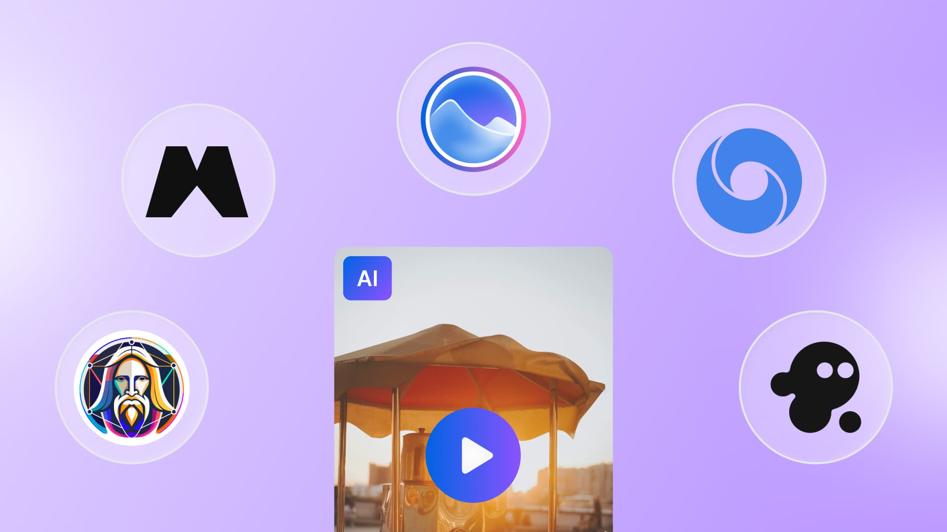 Various AI application icons float around a vertical video preview box with a play button.