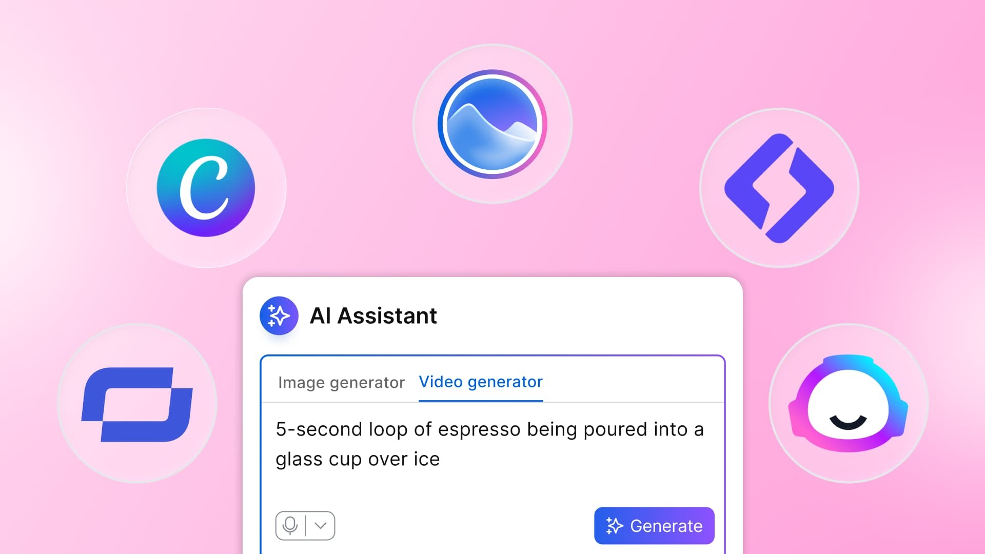 An illustration of an image generator prompt plus content creation tool logos.
