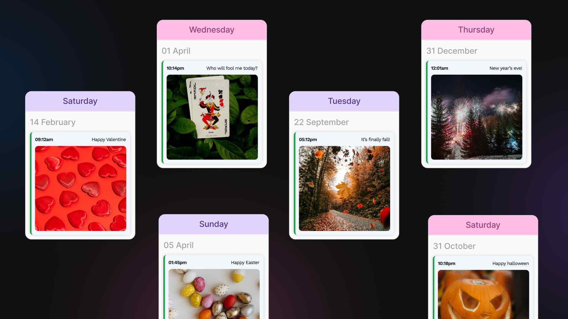 Social media posts styled as digital calendar cards showing various holidays on a dark background.
