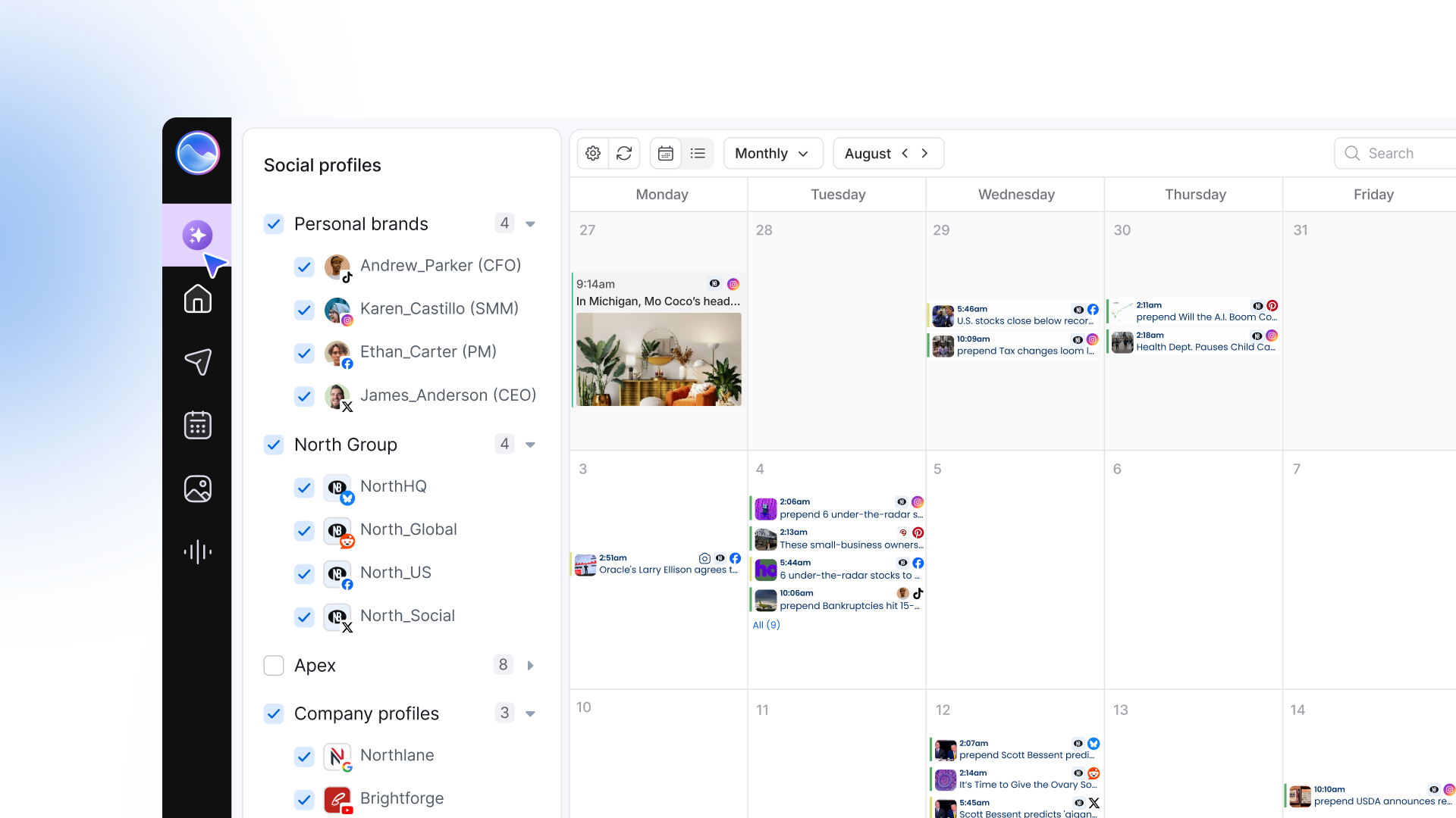 Ask Vista in the Vista Social sidebar beside a monthly content calendar spanning multiple social profiles.