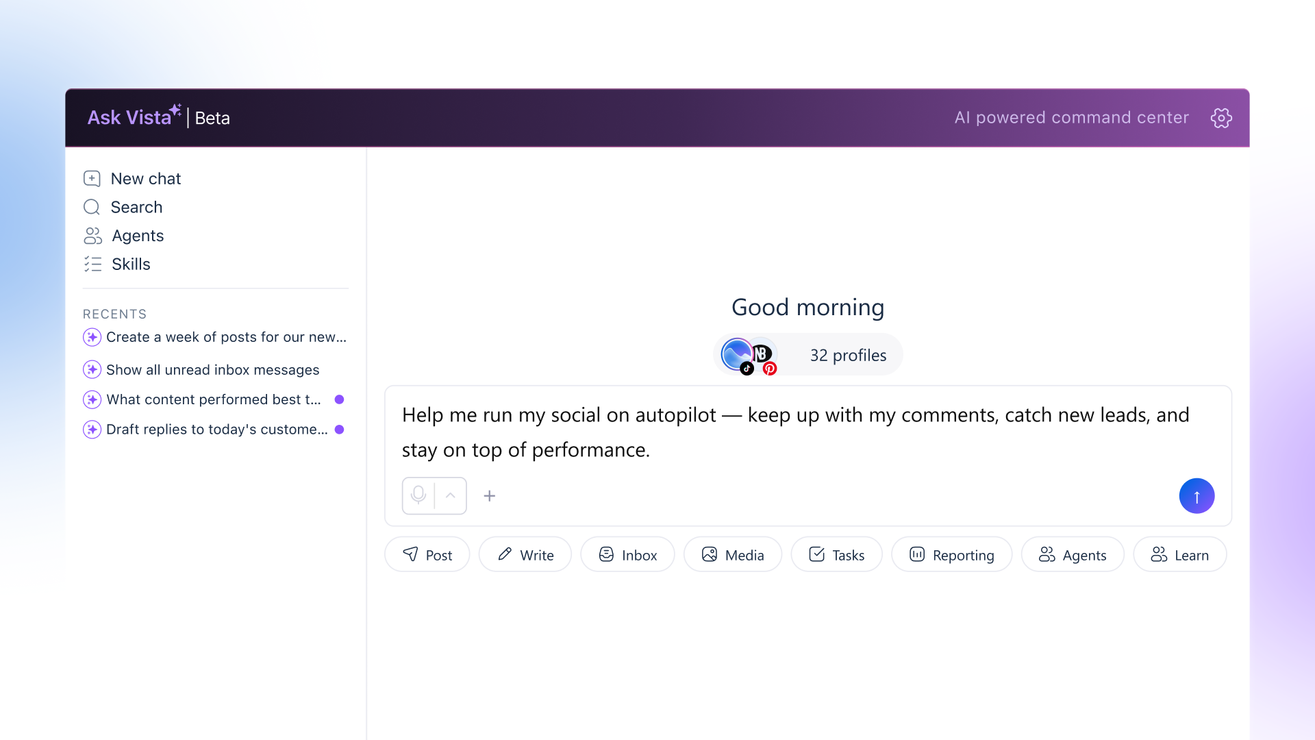 Ask Vista chat showing a good morning view across 32 social profiles with quick actions for posting, inbox, and reporting .