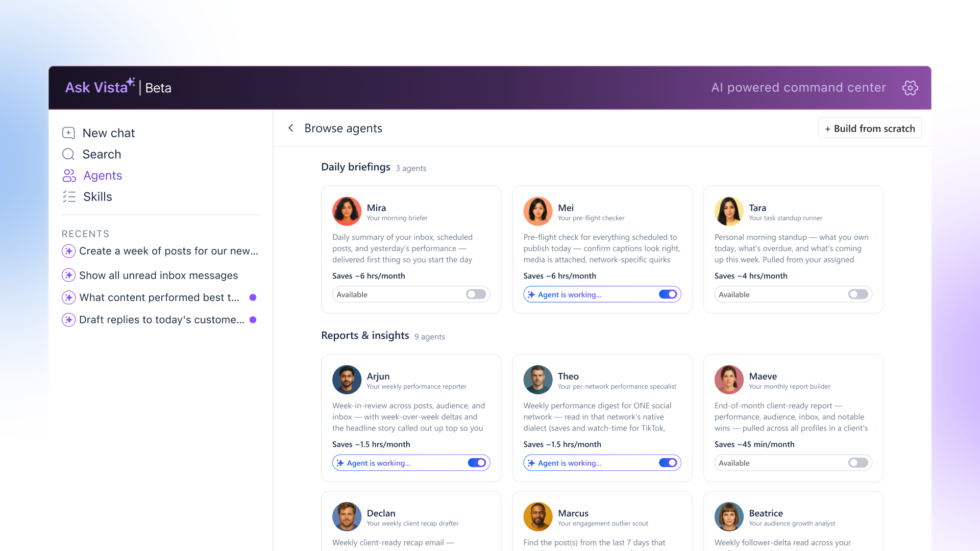 Ask Vista agent library showing daily briefing and reporting agents, each with monthly hours saved.