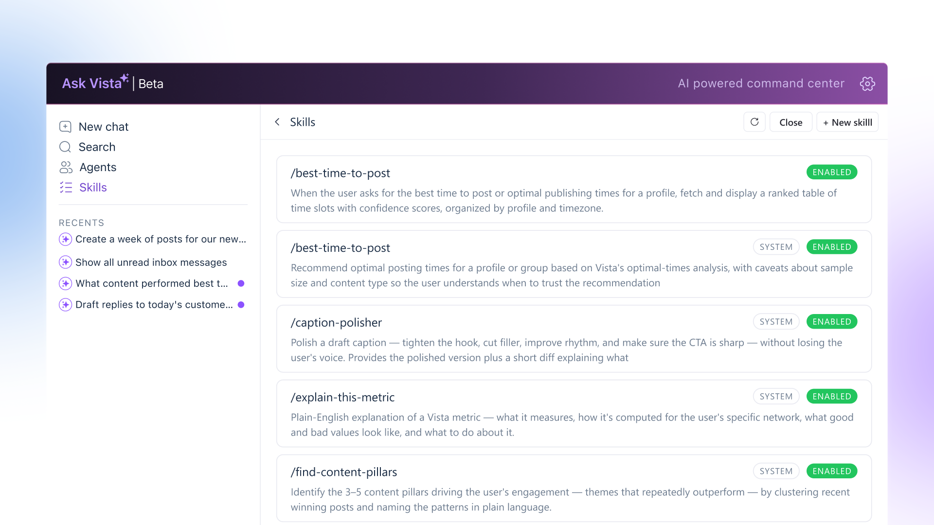 Ask Vista skills menu including best-time-to-post, caption polisher, and explain-this-metric commands.