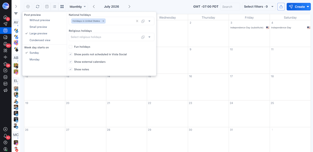 Vista Social calendar for July 2026 with the US holidays filter enabled, showing Independence Day on the grid.
