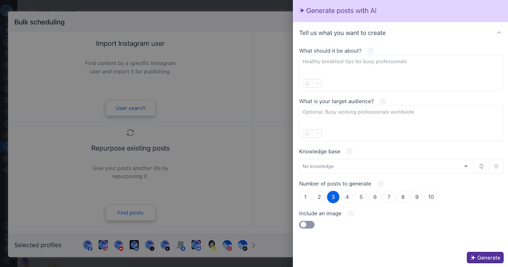 The bulk scheduling window featuring a "Generate posts with AI" setup panel to customize target audience content.