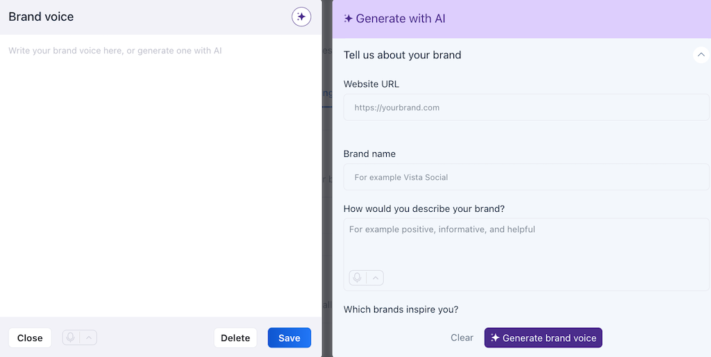 The brand voice workspace within the platform, showing fields to describe a brand and generate unique messaging styles.