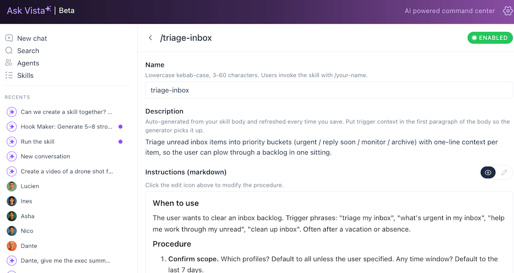 The settings configuration screen for the triage inbox skill, displaying rules to sort incoming unread messages.