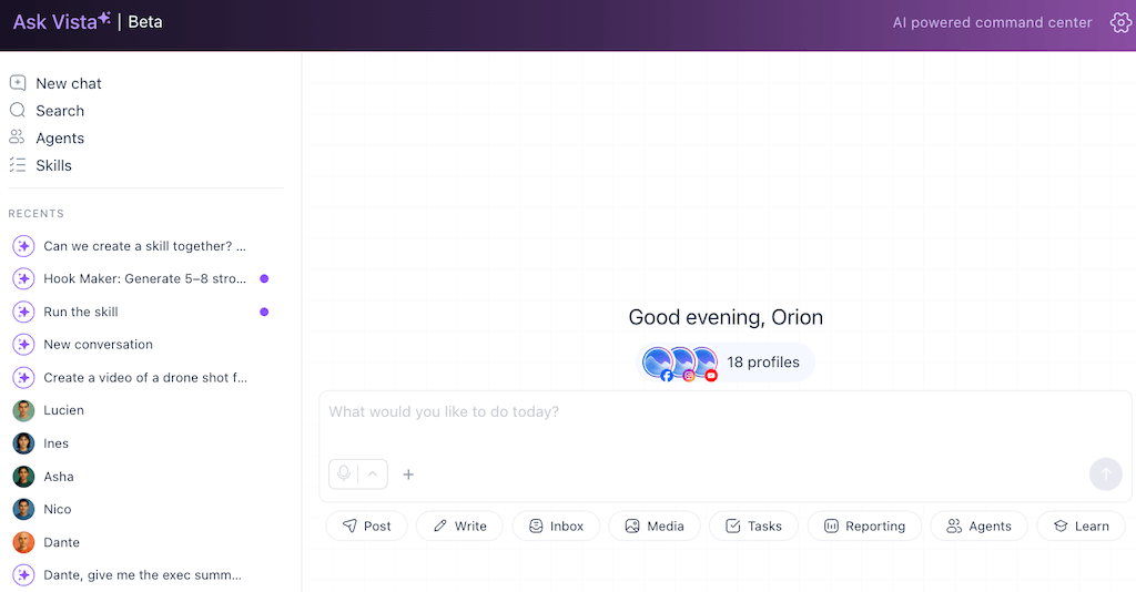 The main Ask Vista AI command center chat interface showing connected social media profiles and action buttons.