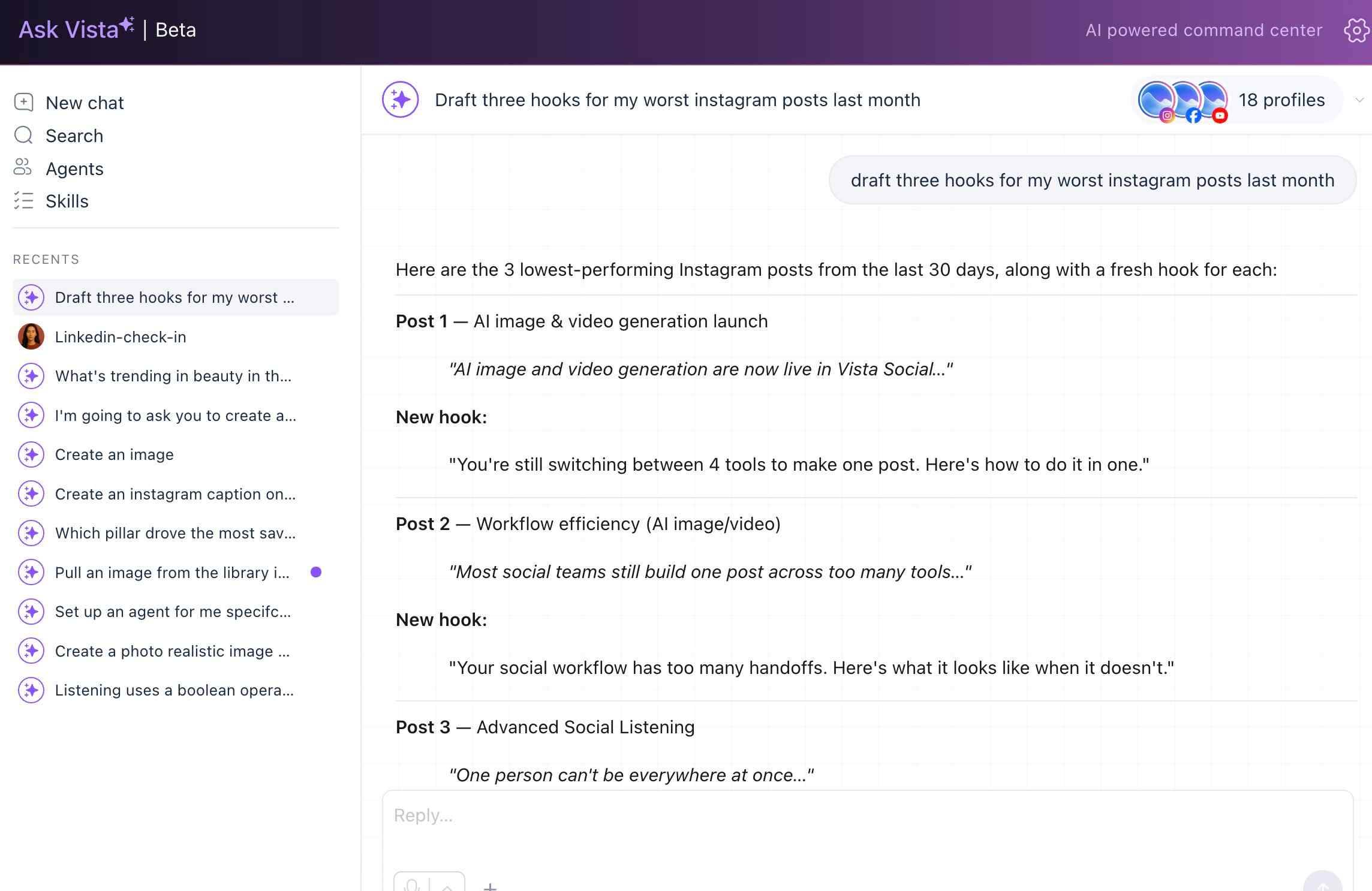 An Ask Vista chat interface displaying AI-generated hook recommendations for low-performing Instagram posts.