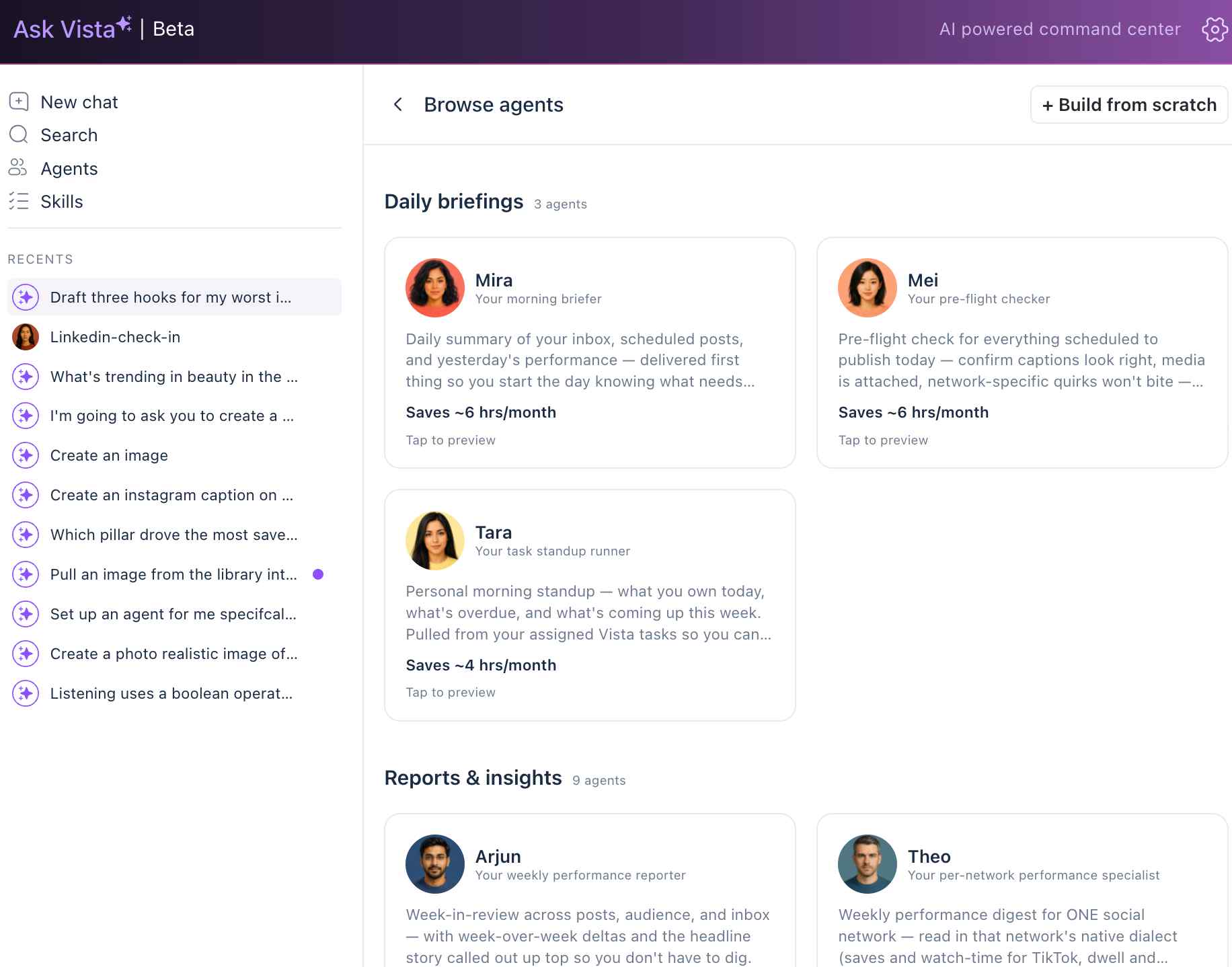 The Browse Agents dashboard in Ask Vista displaying preset AI agents like Mira, Mei, Tara, Arjun, and Theo.