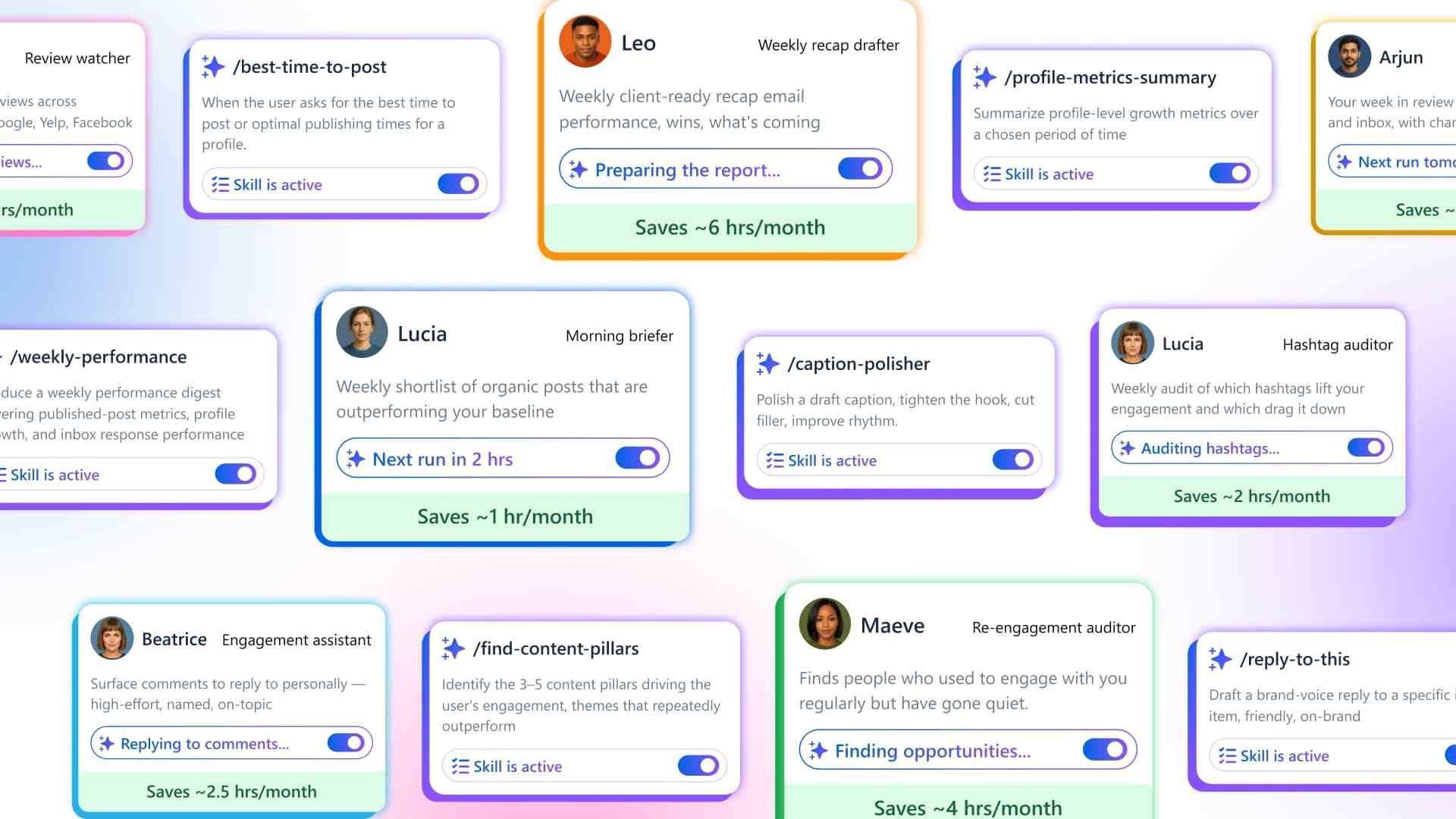 A collage of digital feature cards displaying various AI agent skills and time-saving metrics within a platform.