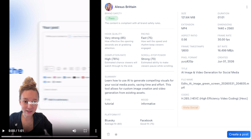 A dashboard preview analyzing a vertical tutorial video's hook quality, pacing, scroll-stop power, and completion rate.