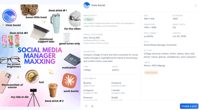Vista Social's media panel displaying content safety analytics, platform fit scores, and asset data for an image collage.