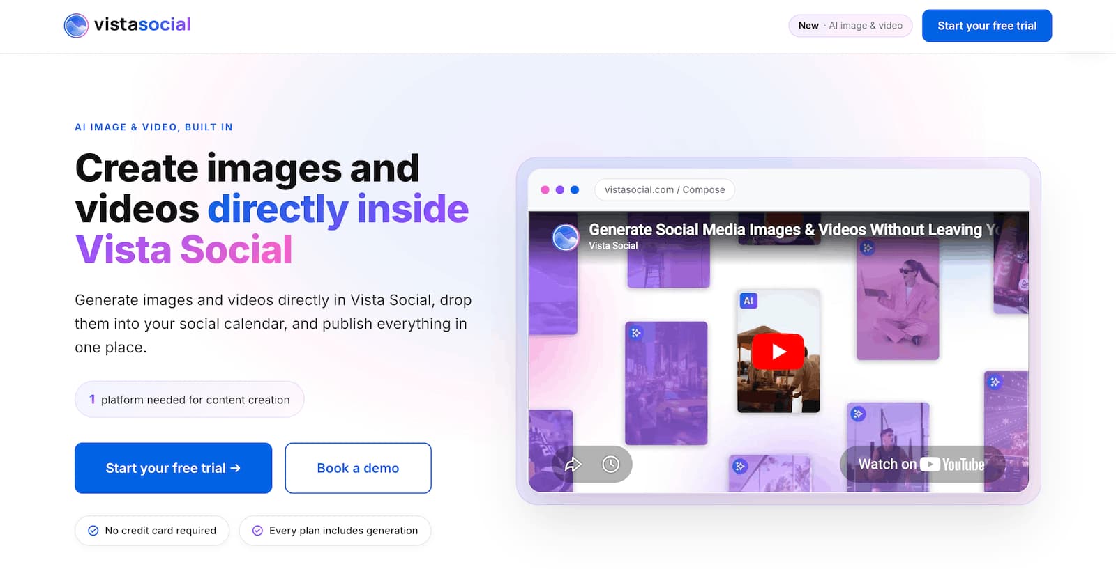 A screenshot of Vista Social's AI image and video generation landing page.