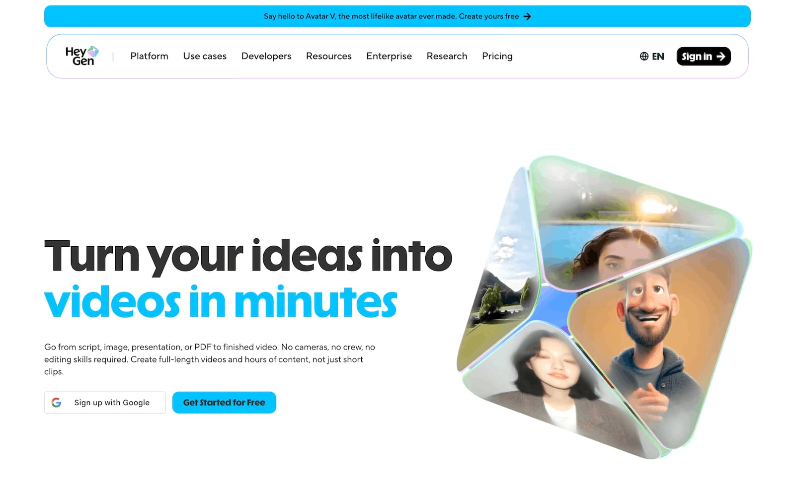 A screenshot of AI content creation tool HeyGen's website.