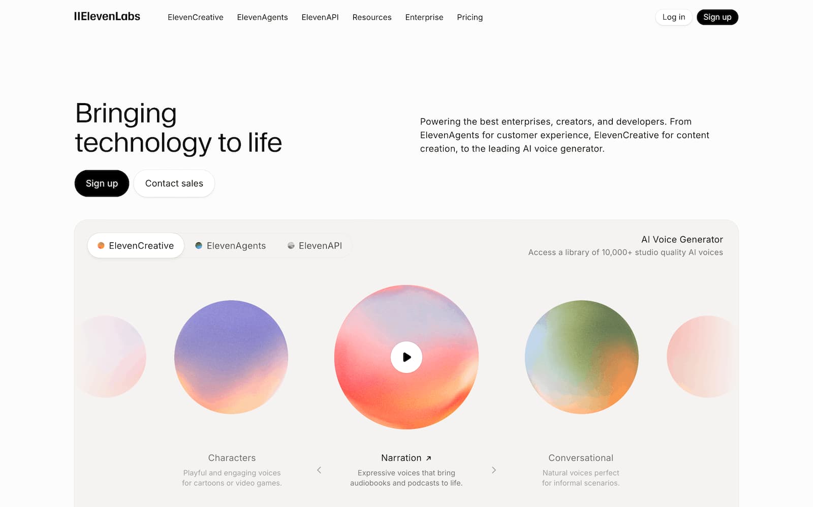 A screenshot of AI content creation tool ElevenLabs's website.