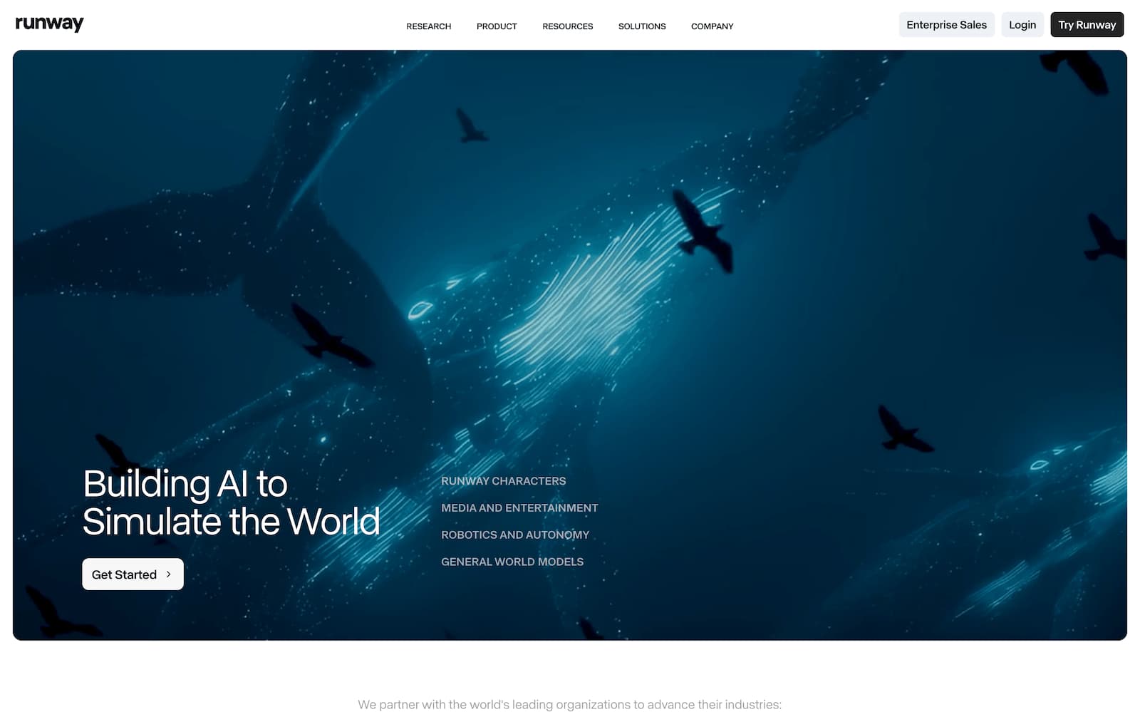 A screenshot of AI content creation tool Runway's website.
