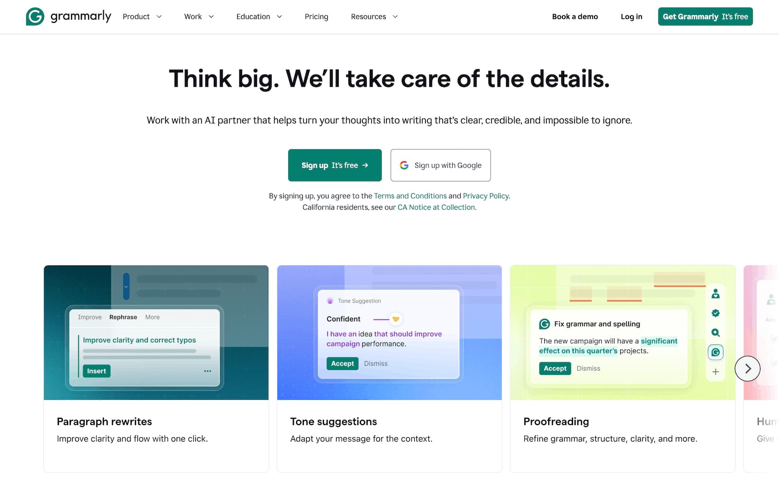 A screenshot of AI content creation tool Grammarly's website.