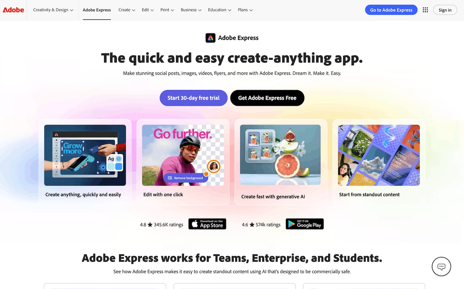 A screenshot of AI content creation tool Adobe Express's website.