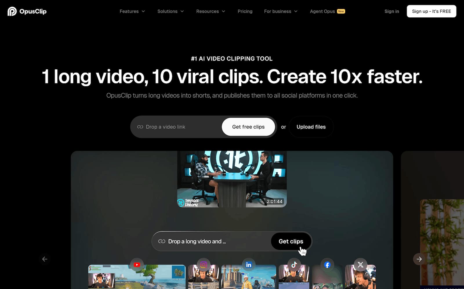 A screenshot of AI content creation tool Opus Clip's website.