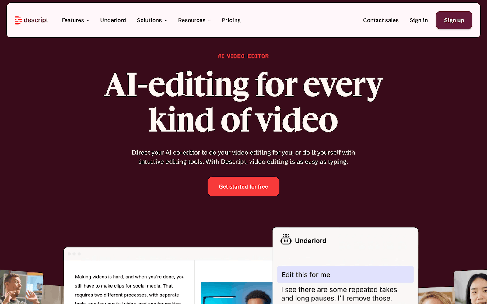 A screenshot of AI content creation tool Descript's website.