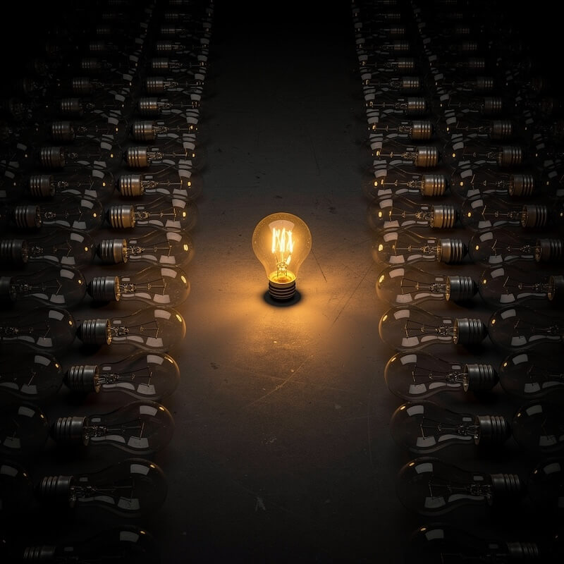 Glowing lightbulb against a dark background, symbolizing ideas and creativity.