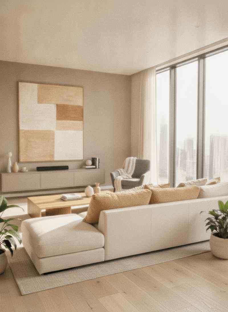 Living room photo reimagined as a soft pastel illustration with warm dreamy tones.