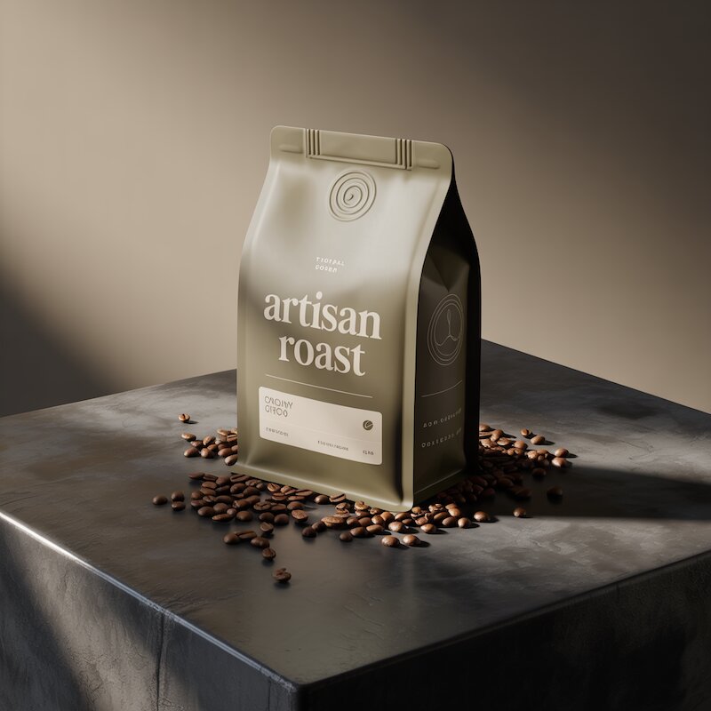 Styled coffee bag on dark concrete with side lighting, coffee beans, and rich tones.