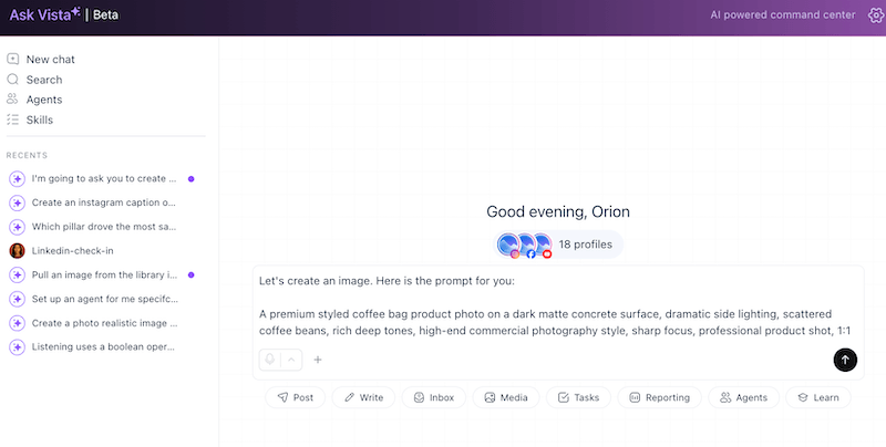 Vista Social's Ask Vista assistant showing an AI image prompt for a premium coffee bag product photo.