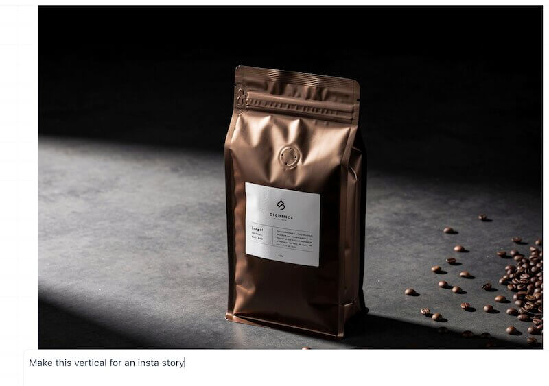 AI-generated bronze coffee bag with a prompt field below reading "make this vertical for an insta story".