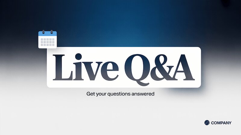 Live Q&A promotional banner in navy and white with bold English text and clean layout.