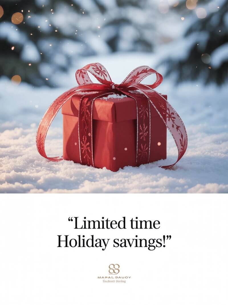 Festive gift box with ribbon on a styled surface, seasonal sale promotional image