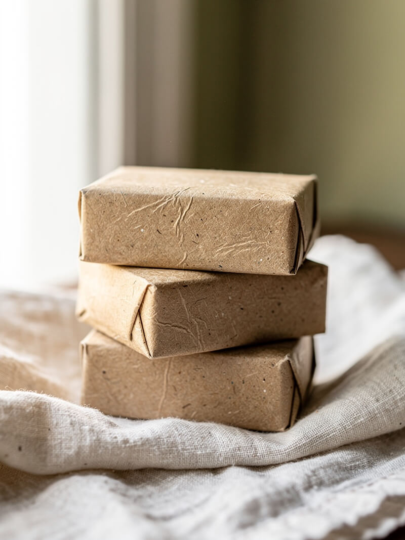 Artisan soap bars arranged on a surface with dried cloths and soft natural light.