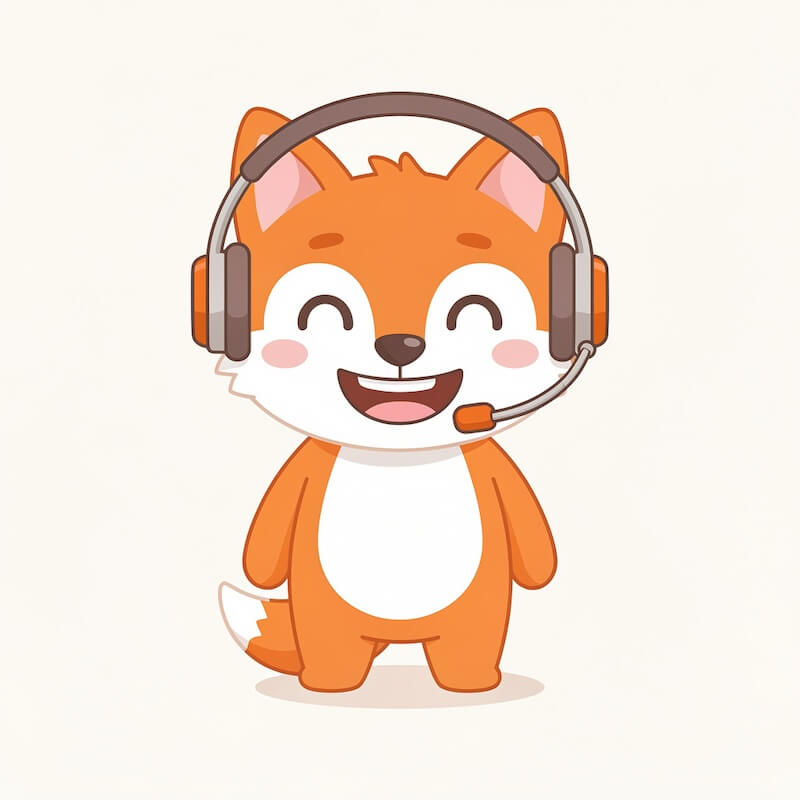 Friendly cartoon fox mascot with bold colors, playful and modern illustration style.