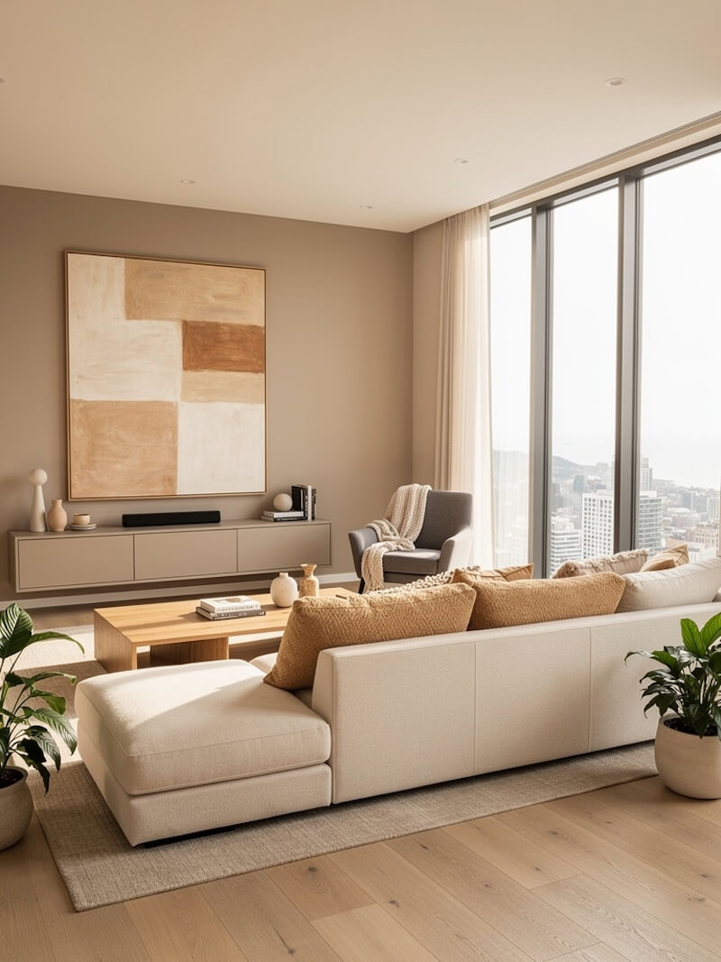 Modern living room interior with neutral tones, natural light, and minimal furniture.