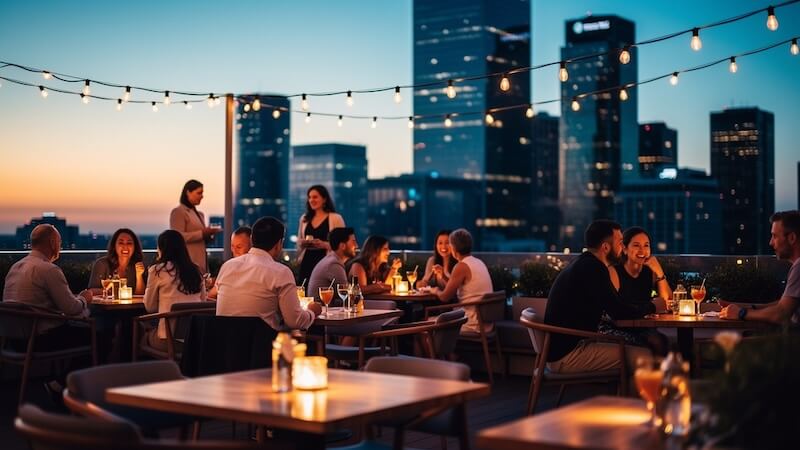 Rooftop bar scene at dusk with city skyline, ambient lighting, and stylish seating.