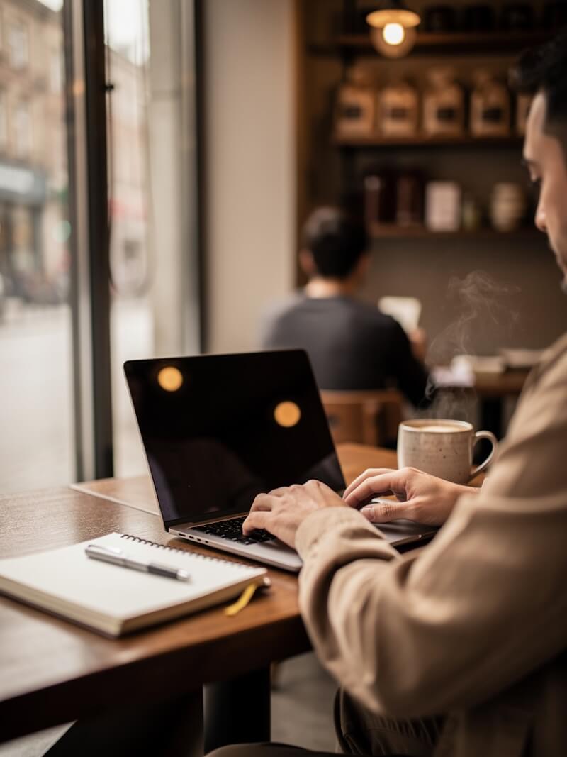 Person working on a laptop at a cozy coffee shop with warm ambient lighting.