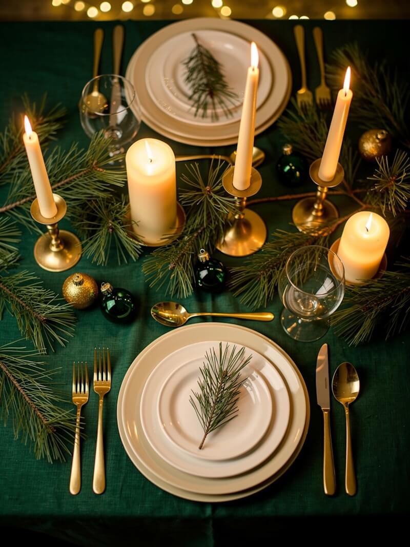Elegant holiday dinner table with candles, plates, and seasonal decorations.