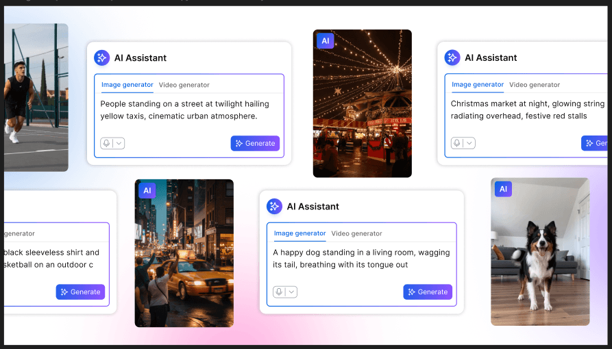 AI image generator interface showing text prompts creating photos of a city street, Christmas market, and a dog