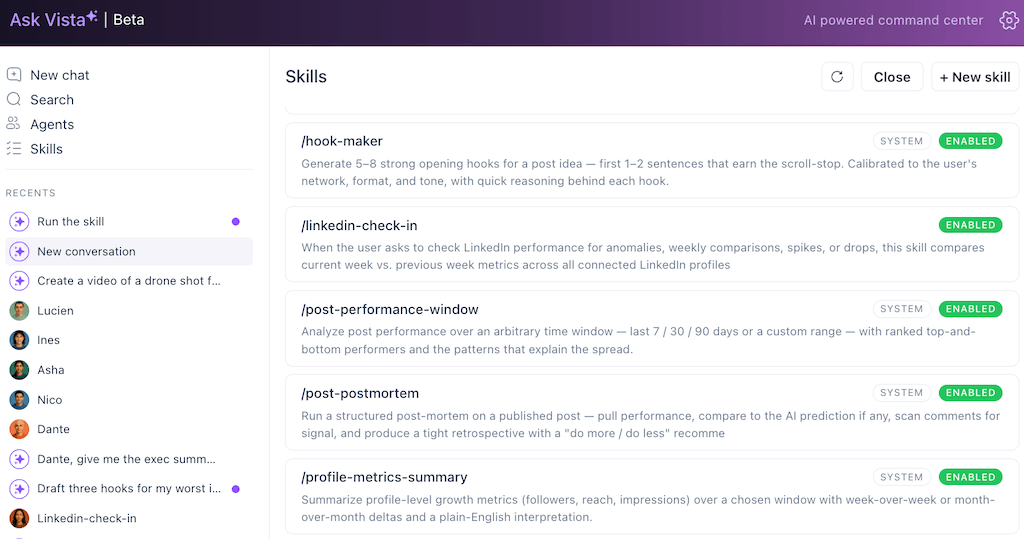 The system Skills management page within Ask Vista displays enabled commands like hook maker and LinkedIn check-in.