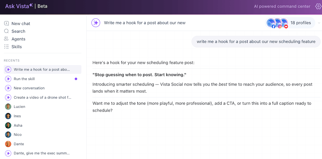 An active chat window in Ask Vista demonstrating the system generating an engaging hook for a new scheduling feature post.