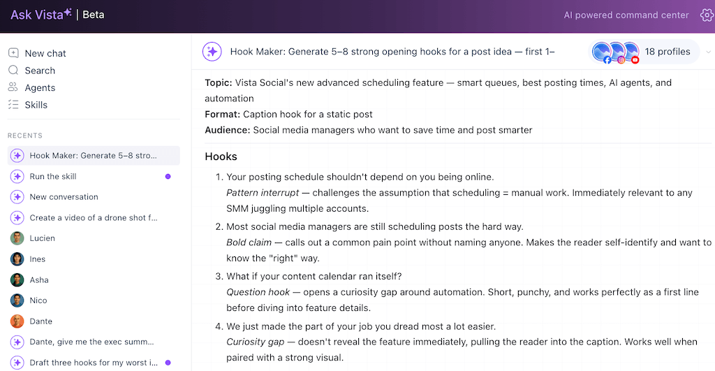 An Ask Vista chat interface presenting a numbered list of creative, AI-generated hook options tailored for a static post.