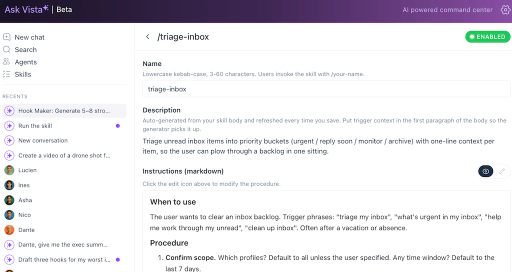 The configuration screen for the triage inbox skill, detailing instructions to sort unread messages into priority buckets.