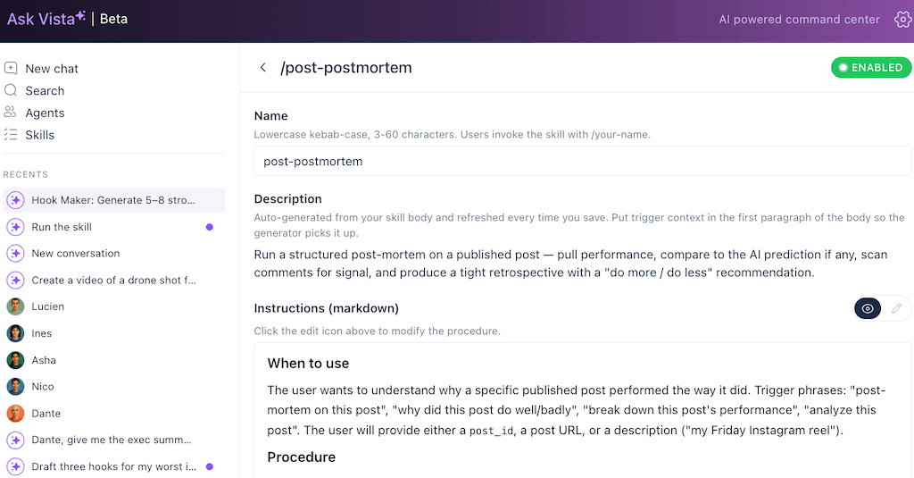 The setup procedure page for the post-postmortem skill, detailing instructions to analyze published post performance.