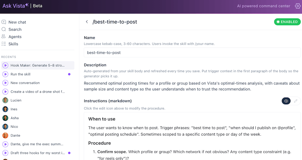 The instruction settings page for the best time to post skill, outlining how to generate optimal timing recommendations.