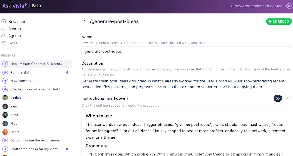 The system settings menu for the generate post ideas skill outlines rules to find and extend top-performing content trends.