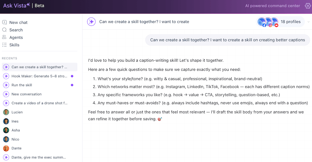 An interactive chat session with Ask Vista collaborating on building a custom caption writing skill from scratch.