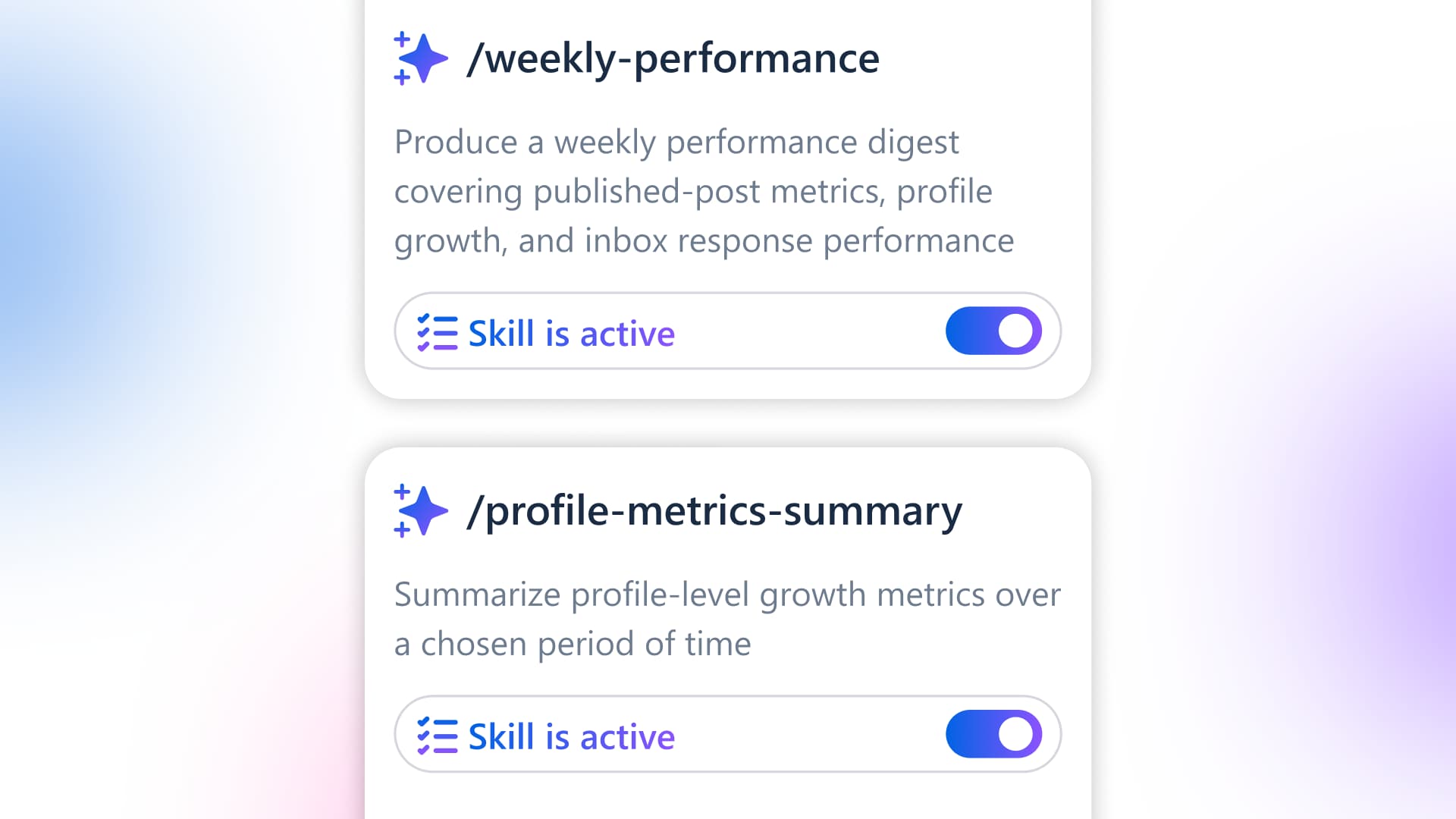 A digital graphic highlighting active AI capability blocks for weekly performance and profile metrics summaries.