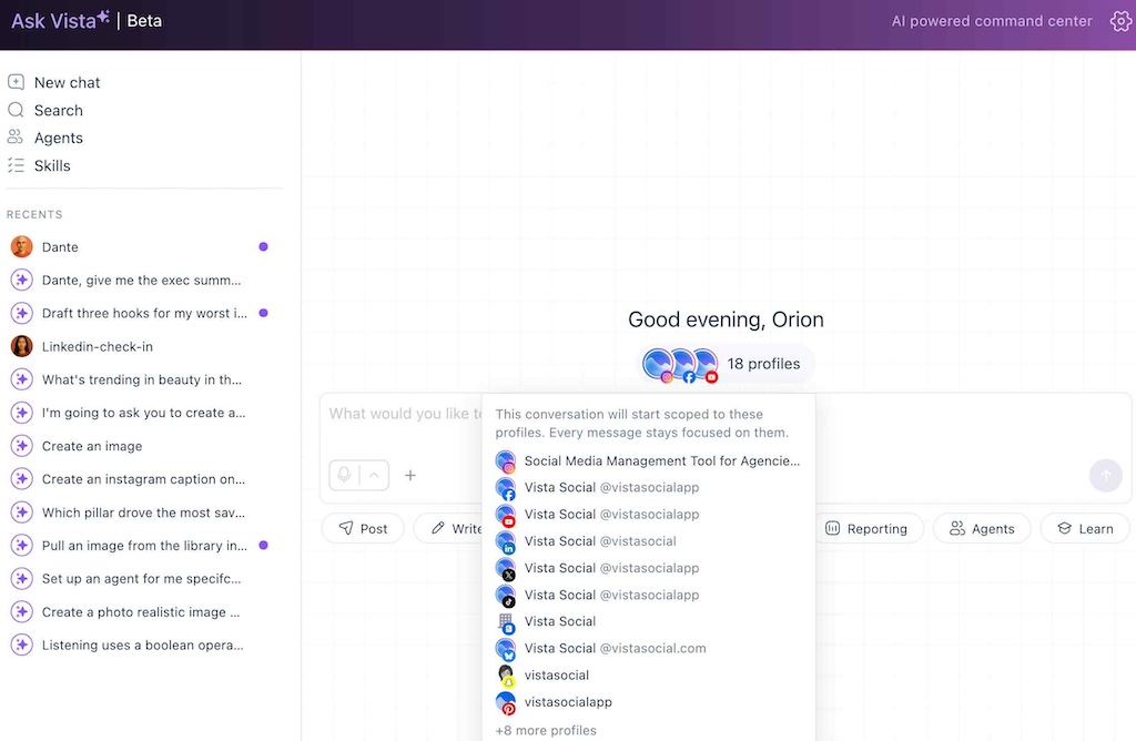 The Ask Vista chat dashboard with a dropdown selection menu highlighting attached social media profiles to scope context.