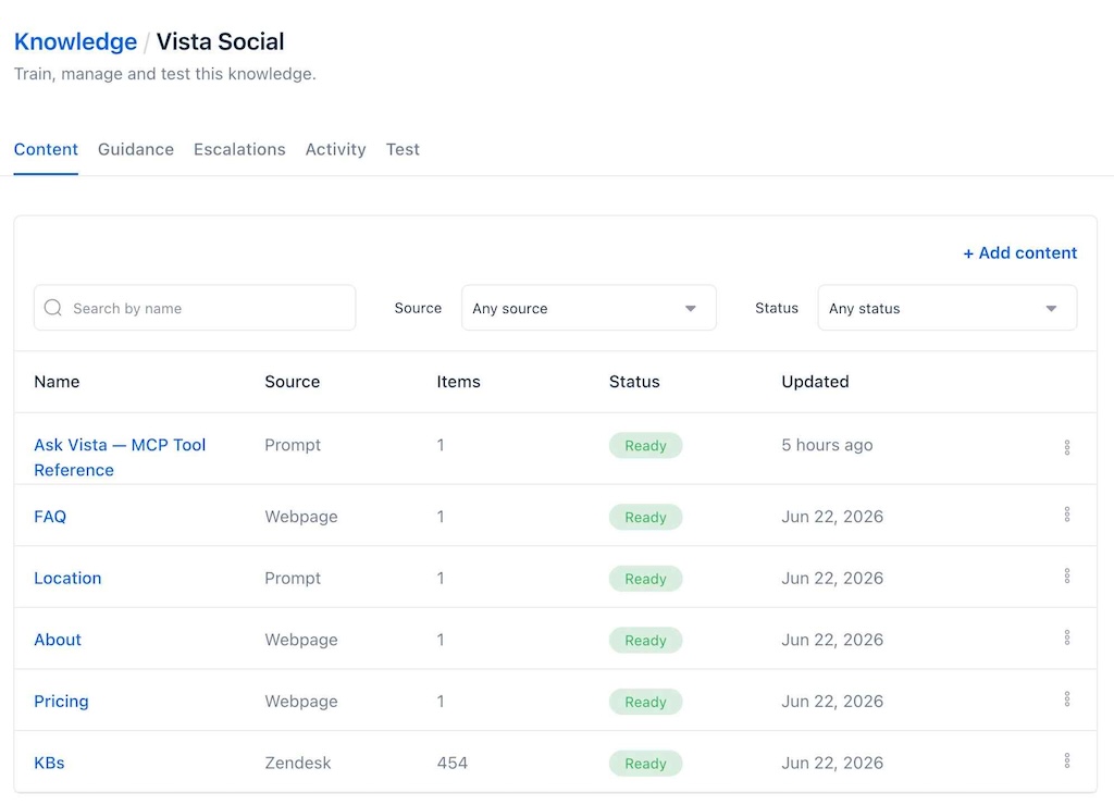 The internal Knowledge management page inside Vista Social showcasing a list of synced content sources like FAQs and KBs.